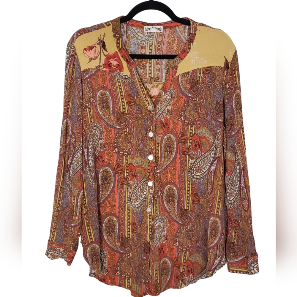 Hope Springs Brown Red Tan Blouse Long Sleeves Floral Paisley Size XXL